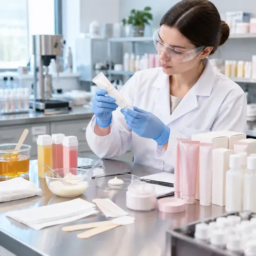 Technician reviewing depilatory cream texture and packaging compatibility in a hair-removal product laboratory