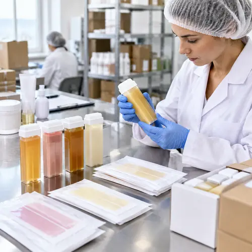 Quality inspector checking roll-on wax cartridge leakage and wax strip pouch seals after shipment conditioning