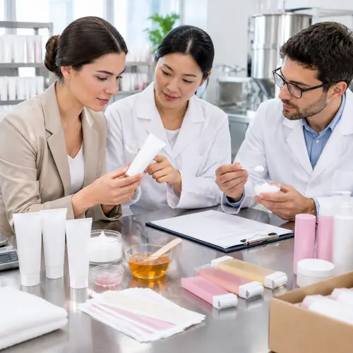 OEM technician and private-label buyer reviewing a depilatory cream sample and tube packaging