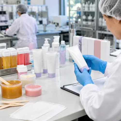 Hair-removal OEM sample review with depilatory cream tubes, wax containers, and packaging compatibility checks