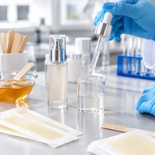 Hair inhibitor serum sample review beside wax strips and a finished pump bottle