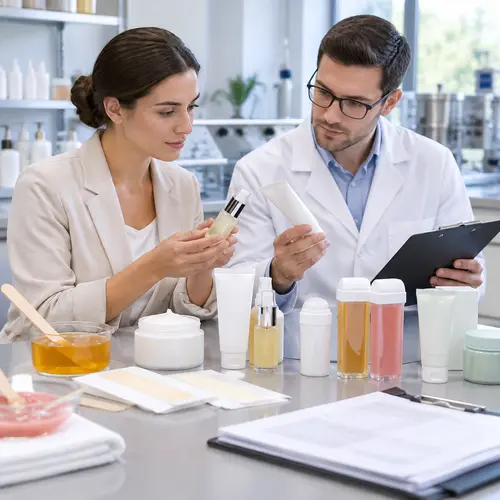 Private-label buyer reviewing depilatory cream and hair inhibitor serum samples with packaging during an OEM quality inspection