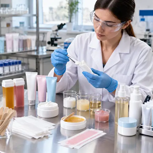 Technician reviewing depilatory cream sample texture in a cosmetic formulation laboratory