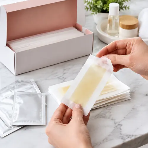 Private label wax strips and sachet packaging reviewed for a DTC product sample