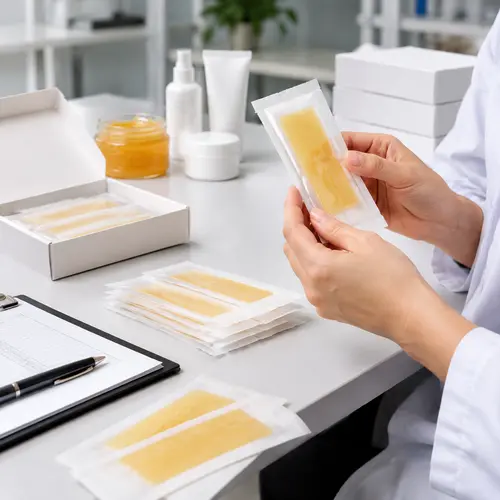 Wax strip sachets inspected during a hair removal product stability review