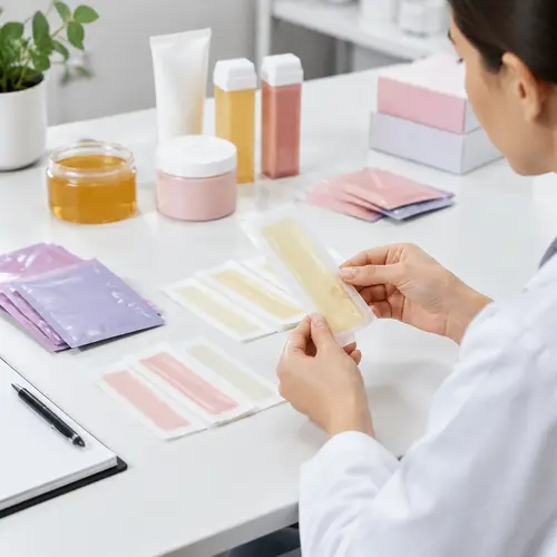 Private-label wax strip samples and sachets reviewed on a product development worktable
