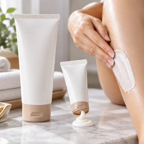 Travel size depilatory cream sample beside full-size hair removal cream packaging