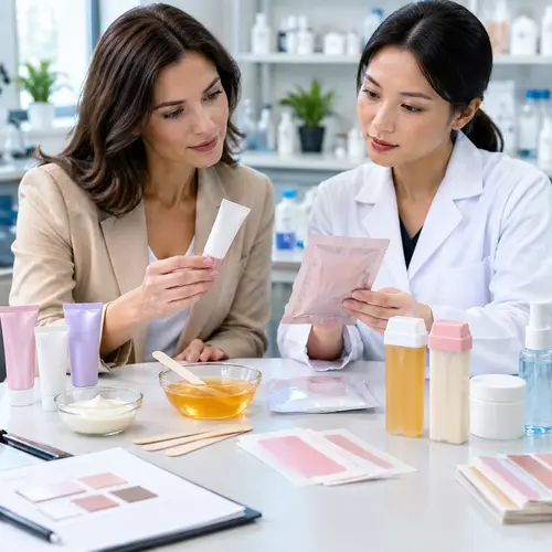 Private-label review of a travel-size depilatory cream tube and wax strip pouch