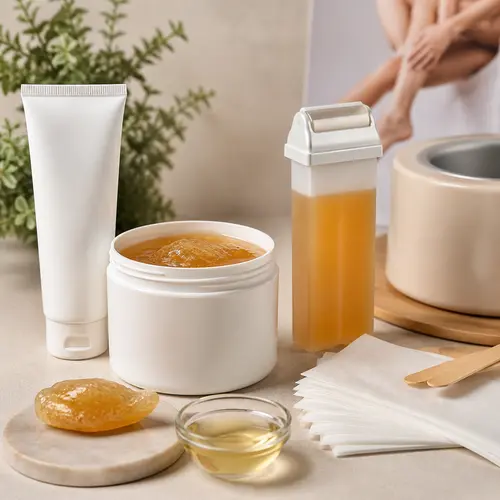 Depilatory cream tube compared with wax jar, wax strips, and roll-on hair removal cartridge