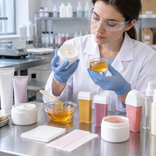 Depilatory cream sample review and hair removal wax texture inspection in a cosmetic lab