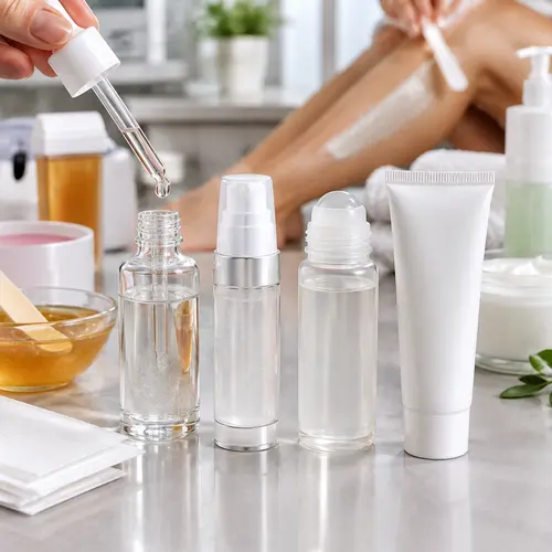 Hair inhibitor serum packaging options with dropper pump roll-on and tube beside depilatory aftercare products