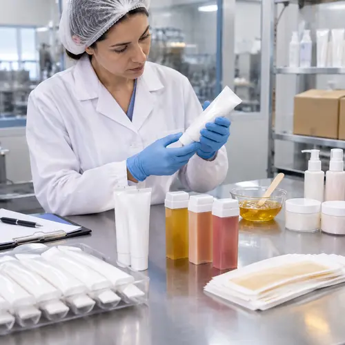 QC inspection of depilatory cream packaging, wax strips, and roll-on cartridge leakage