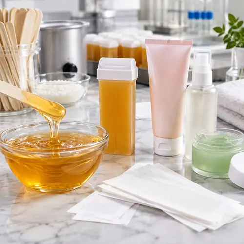 Wax texture and roll-on hair removal product samples under packaging review
