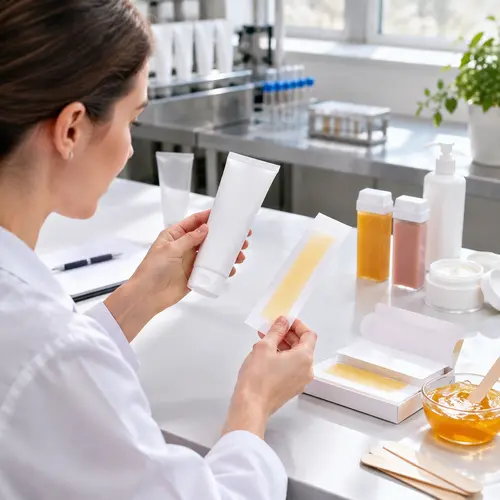 Depilatory cream sample and wax strip packaging review at a hair-removal manufacturing workbench