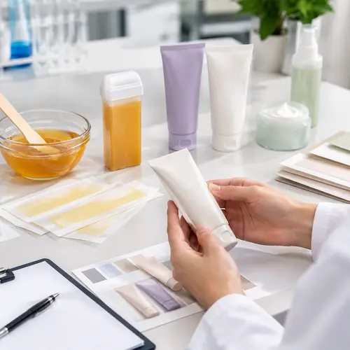 Hair-removal OEM sample review with depilatory wax, cream tube, wax strips, and roll-on cartridge packaging