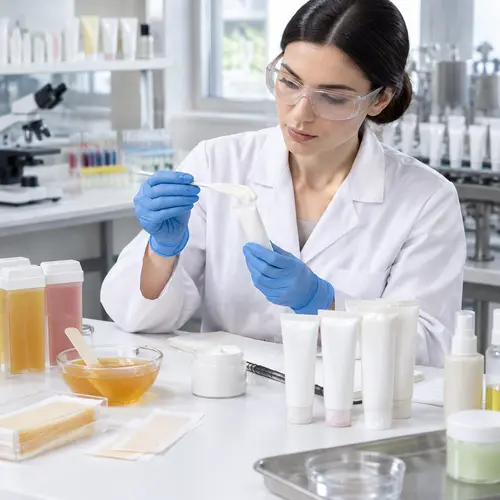 Depilatory cream sample review with production-intent tubes in a hair-removal product laboratory
