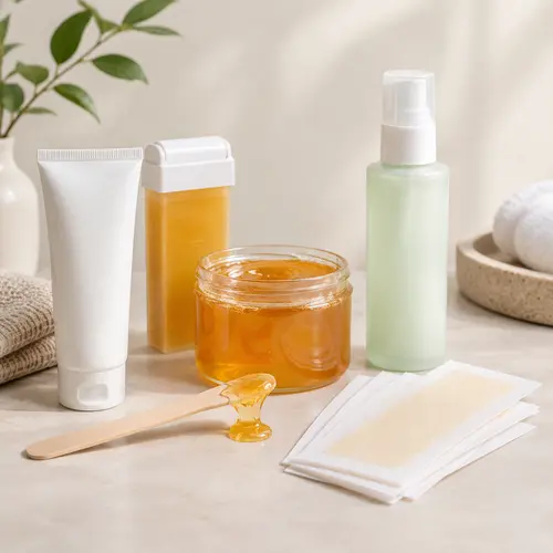 Depilatory cream, wax strips, wax jar, and aftercare product range
