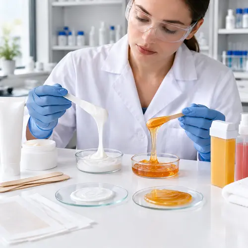 Depilatory cream sample and warm wax texture review in a cosmetics lab