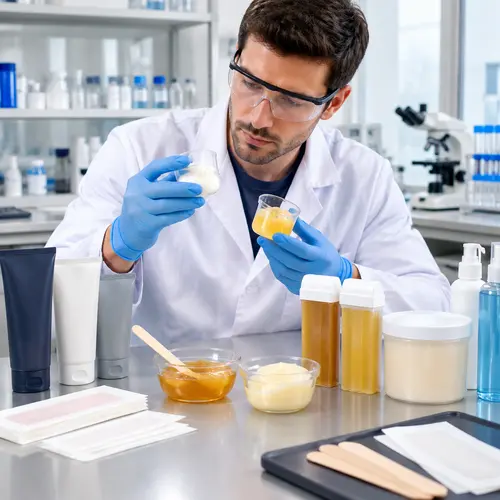 Technician reviewing depilatory cream viscosity and wax texture samples in a hair-removal product lab