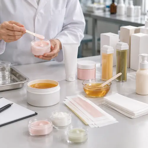 OEM sample review of depilatory cream, wax strips, jars, tubes, and roll-on cartridges