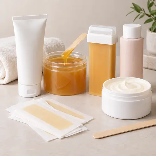 Private label bikini and body hair removal products including cream, wax strips, sugar wax, and roll-on wax