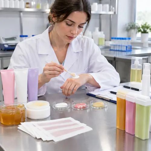 Depilatory cream sample texture and packaging review in a cosmetic formulation lab