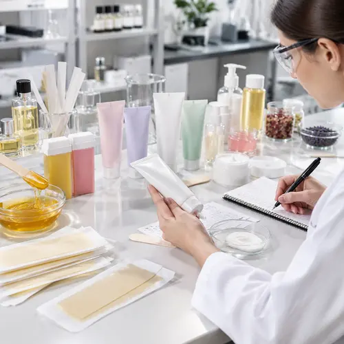Depilatory cream sample confirmation with tubes, packaging components, and lab review notes