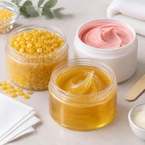 Comparison of hard wax, soft wax, and sugar wax textures in cosmetic jars