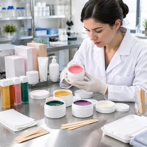 Private-label wax jar packaging and formula samples under laboratory review