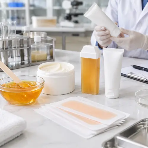 Depilatory cream and wax product samples prepared for DTC hair removal line review