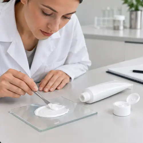 Depilatory cream sample texture and packaging compatibility review in a cosmetics lab