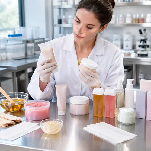 Depilatory cream and wax sample review with hair removal packaging in a cosmetics lab