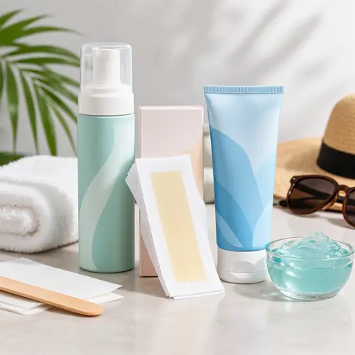 Summer hair removal bundle with depilatory mousse, wax strips, and aftercare gel packaging
