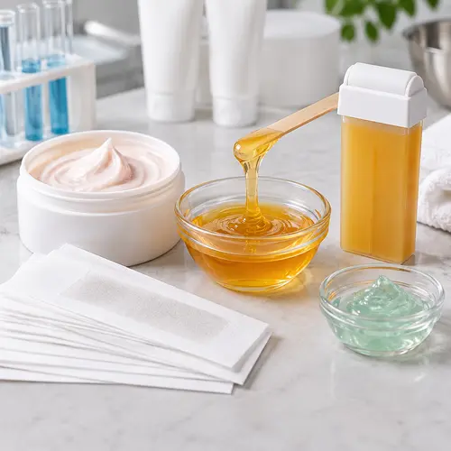 Depilatory cream sample review with wax strips, sugar wax, and roll-on cartridge