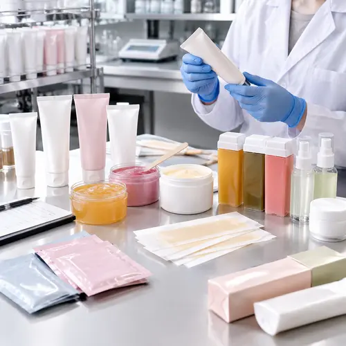 OEM/ODM review of depilatory cream, wax, wax strip, and roll-on cartridge samples beside packaging