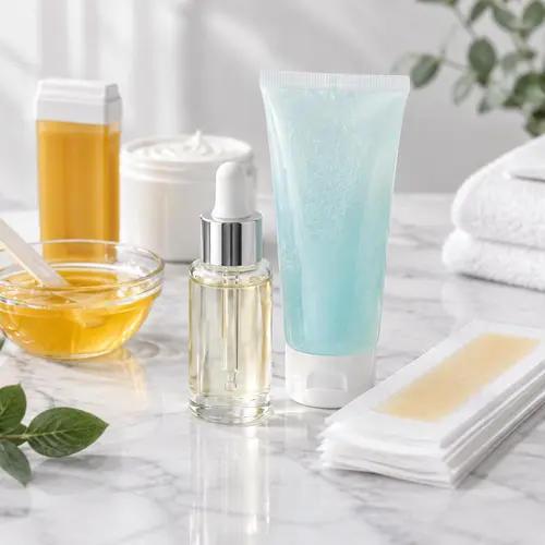 Hair inhibitor serum and post-depilation aftercare gel beside wax strip packaging
