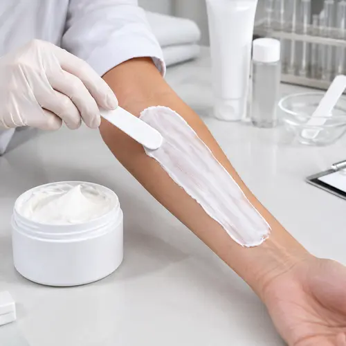 Depilatory cream mousse texture review on a forearm for sensitive-skin hair removal product sampling