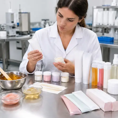 Depilatory cream sample review with filled tubes and packaging components