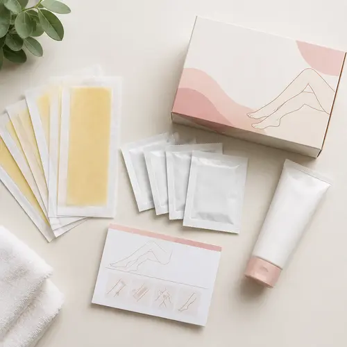 Private label wax strip packaging with finishing wipes, aftercare, and instructions