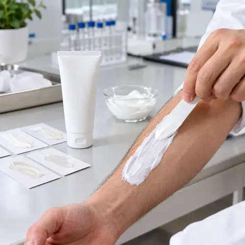 Men's depilatory cream sample texture review in a product lab