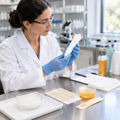 Technician reviewing depilatory cream texture and wax strip samples in a hair removal product lab