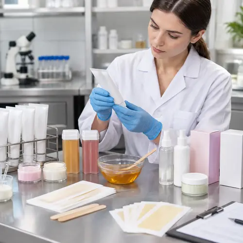 Technician reviewing depilatory cream samples and hair removal packaging compatibility in a laboratory
