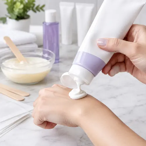 Depilatory cream sample dispensed from a private-label tube for texture review