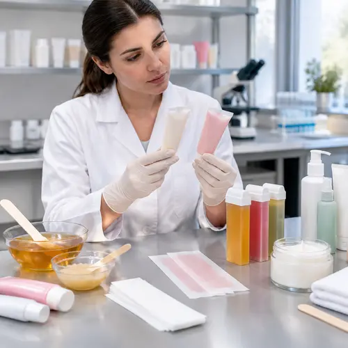 Technician comparing depilatory cream samples and packaging during private-label approval