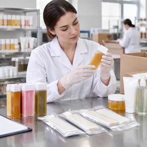 Quality inspector checking roll-on wax cartridges and wax-strip packaging for shipping defects