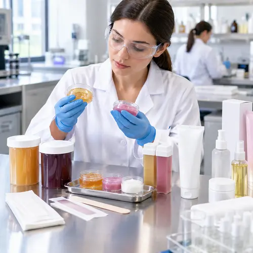 Hair-removal formula samples reviewed with production-intent packaging in a cosmetic lab