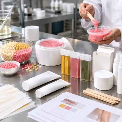 Hair-removal OEM sample review with hard wax beans, soft wax, cream tubes, and roll-on cartridges