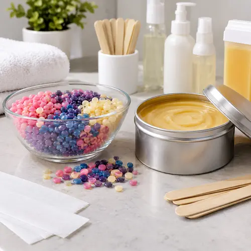 Hard wax beads and soft wax tin prepared for private label product comparison