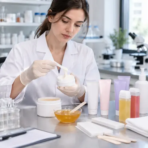 Depilatory cream sample texture and dispensing review in a cosmetics laboratory