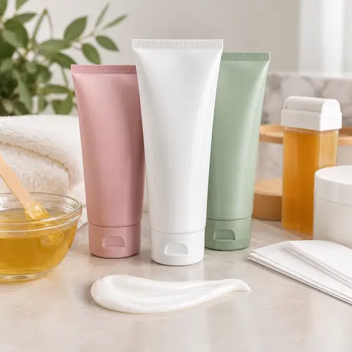 Depilatory cream tube packaging samples with visible cream texture